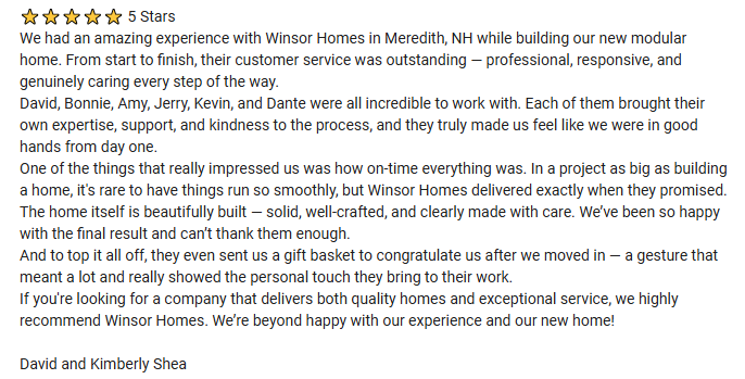 5-star Google review from David and Kimberly Shea